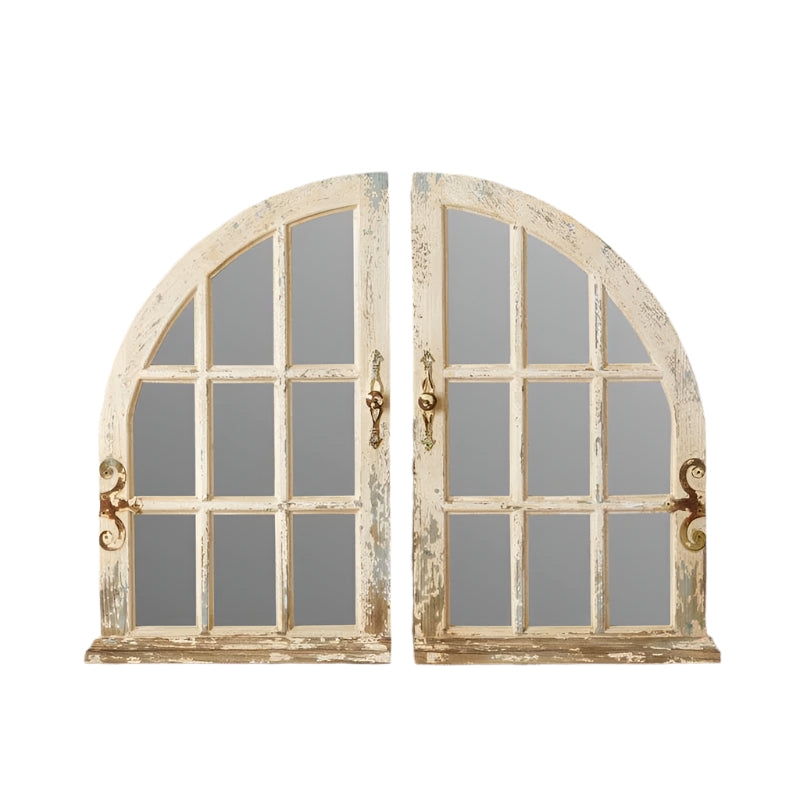 Wall Mirror Twelve Pane Grid Arched Top Wood Toned Distressed Finish