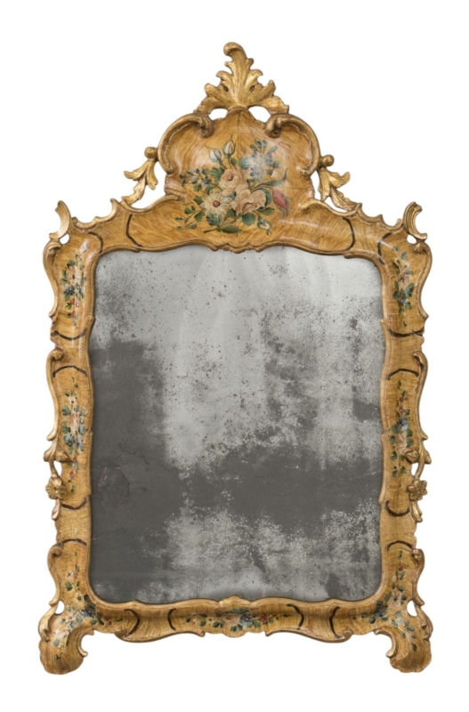 Wall Mirror: Venetian Blue Lacquered Frame with Hand-Painted Florals