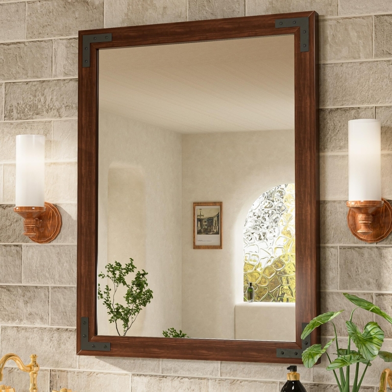 Wall Mirror Walnut Wood Framed Farmhouse Bathroom Vanity Mirror