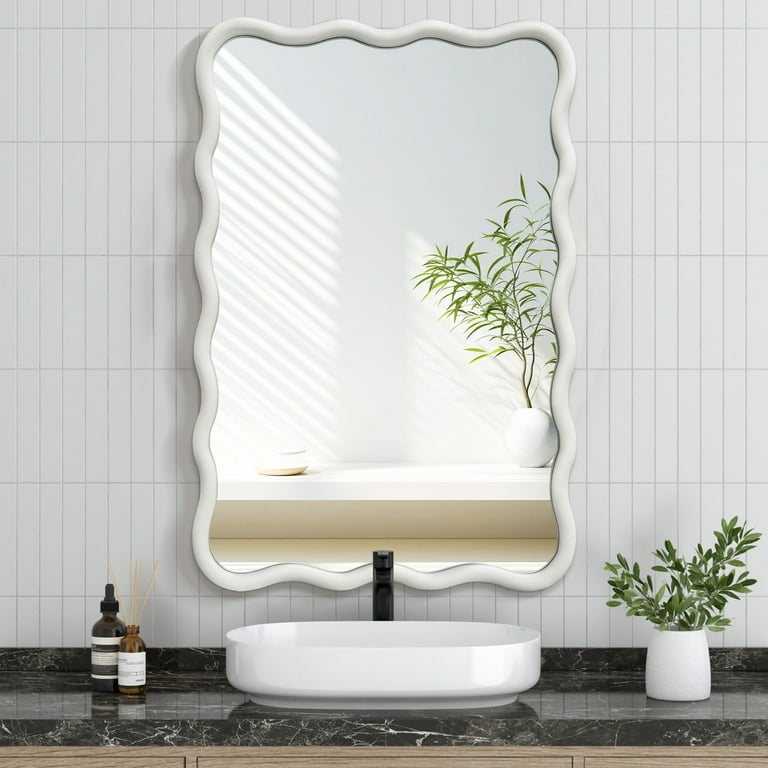 Wall Mirror Wavy Inner Border, White Scalloped Frame Rectangular