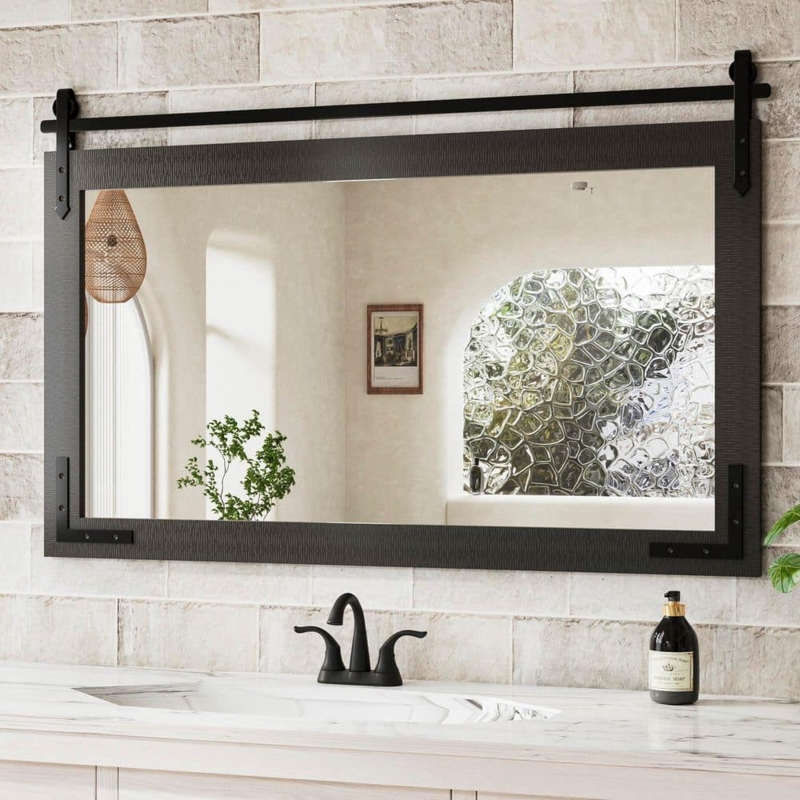 Wall Mirror Weathered Brown Wood Black Barn Door Hardware