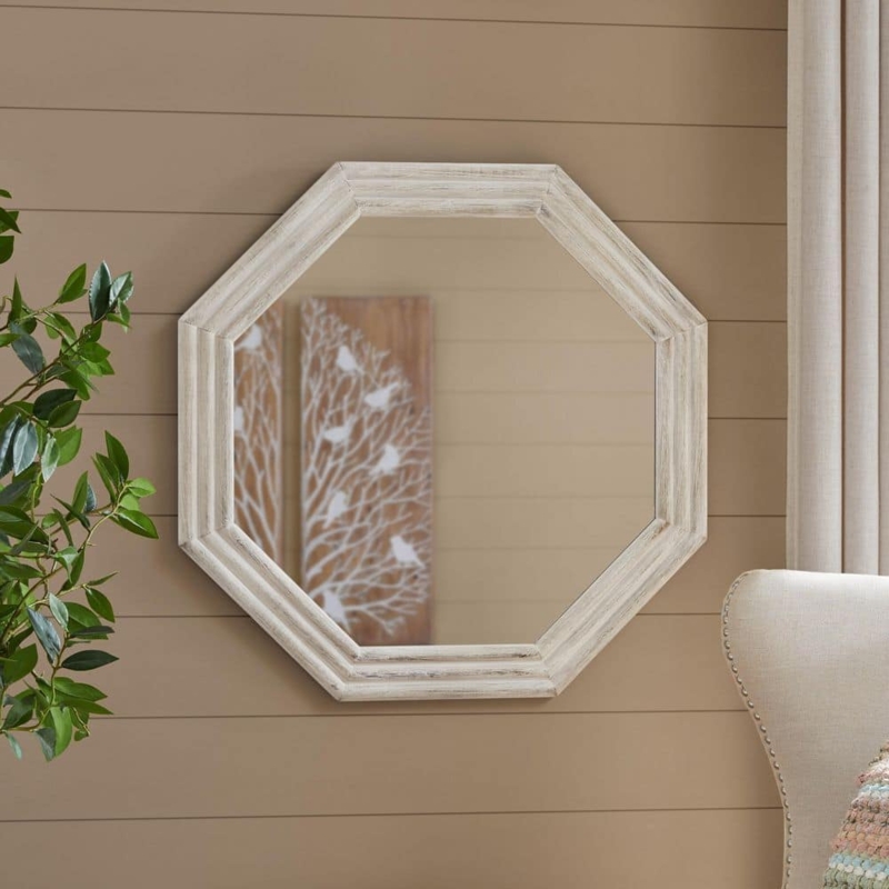 Wall Mirror White Wood Geometric Frame Octagonal Decor Styling