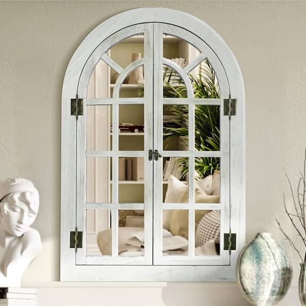 Wall Mirror Whitewashed Finish Arched Top Windowpane Design Wood