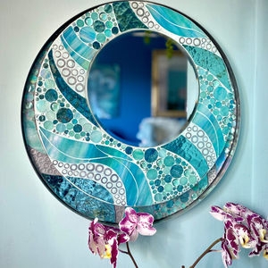 Wall Mirror: Wide Border Floral Pattern, Bright Blue Background Boho.