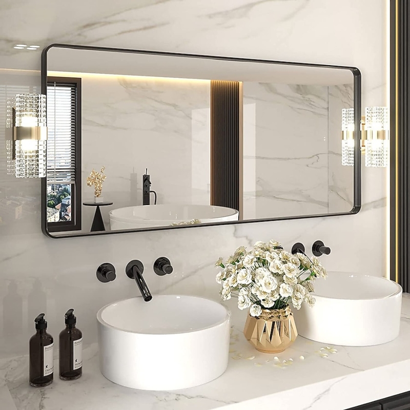 Wall Mirror Wide Horizontal Matte Black Frame Rounded Corners Vanity