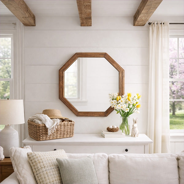 Wall Mirror Wide Natural Wood Frame Rustic Farmhouse Decor