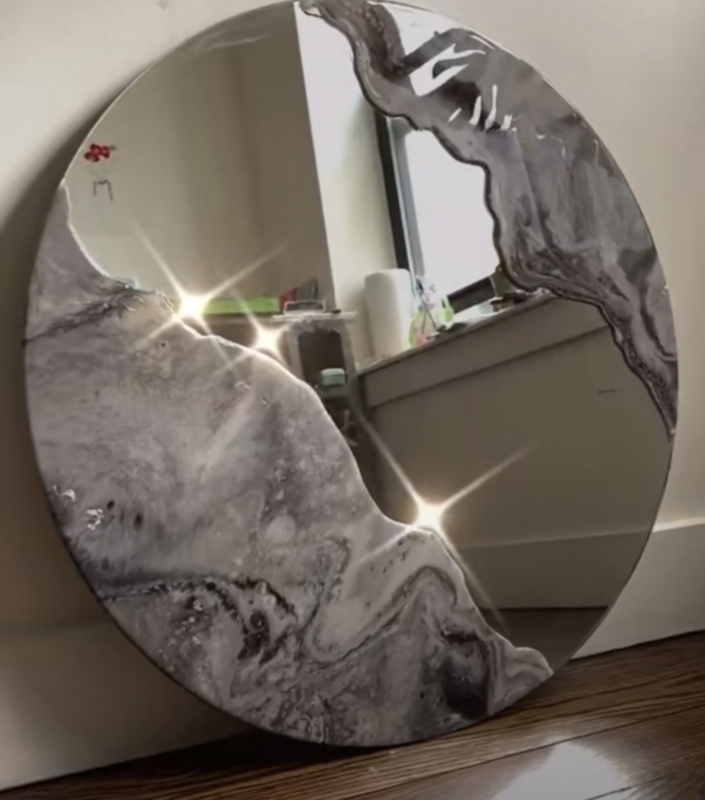 Wall Mirror with Glossy Navy and Beige Marbled Resin Pour Frame