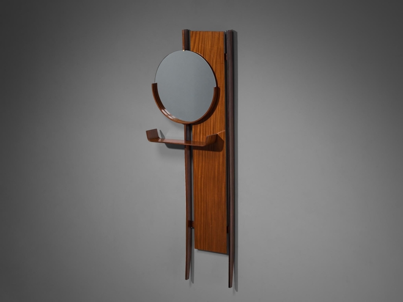 Wall Mirror with Integrated Shelf in Teak Wood Tone Mid-Century Style