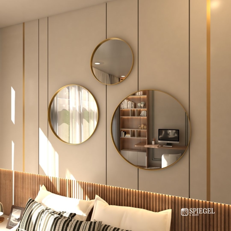 Wall Mirror with Overlapping Circles, Gold Textured Frame Accent Decor