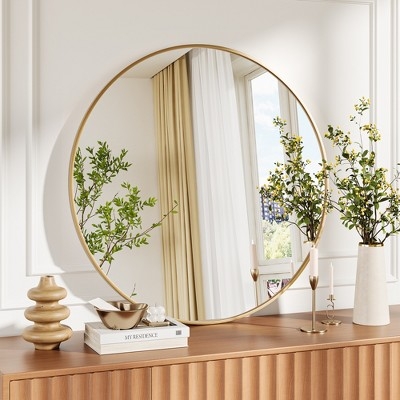 Wall Mirror with Slim Gold Frame, Minimalist Round Over Sink