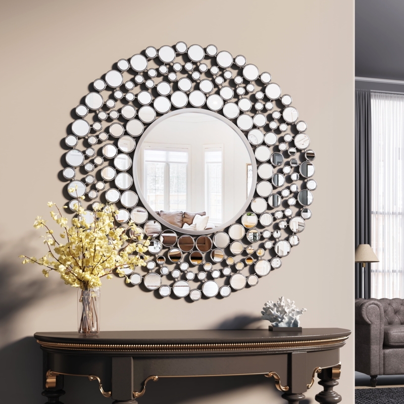 Wall Mirror with Ultra Slim Silver Frame, Large Round Entryway Styling