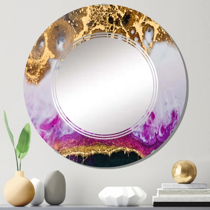 Wall Mirror with Vibrant Fuchsia and Gold Abstract Resin Art Border