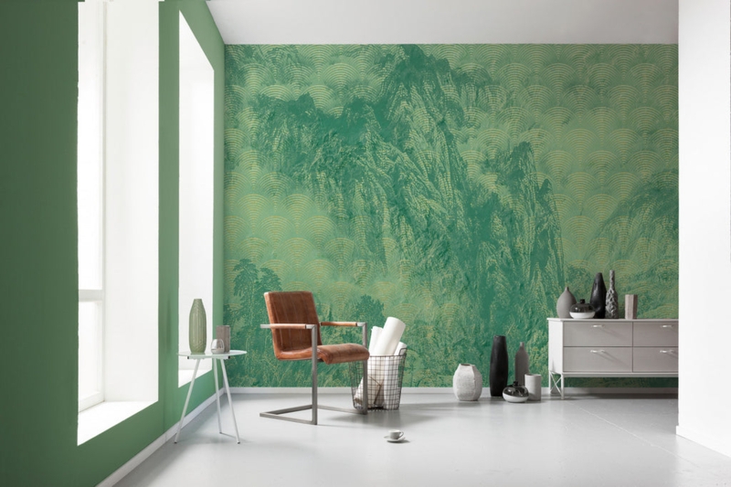 Wall Mural Stylized Mountain Pattern Forest Green White Scandinavian