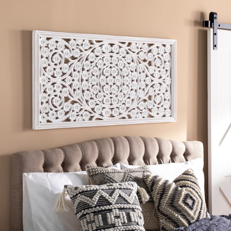 Wall Panel Whitewashed Hand Carved Floral Mirror Inlay Bohemian
