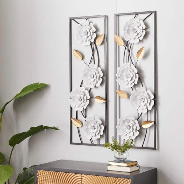Wall Sculpture Set of 2 Black Framed Metal Floral Open Work
