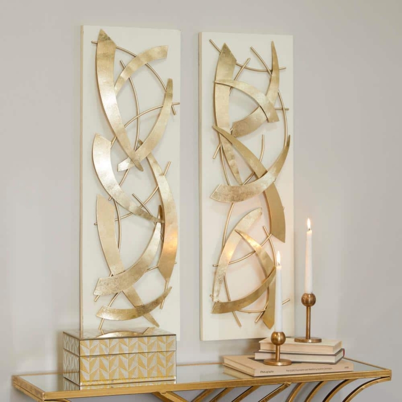 Wall Sculpture Set: Polished Gold Metal Overlay on Textured Wood Backing