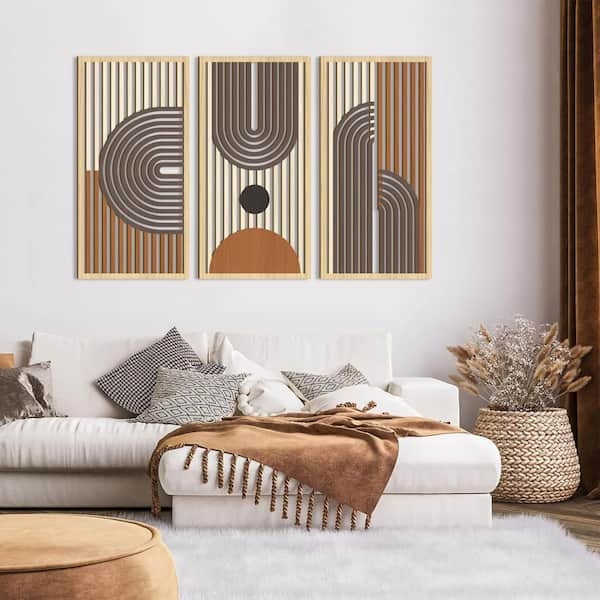 Wall Sculpture Set: Wood Geometric Cutout Fretwork Design