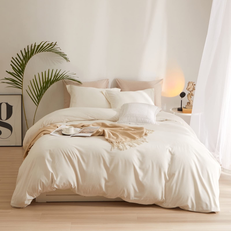 Washed Microfiber Duvet Cover Set Pom Pom Boho Cream Bedding