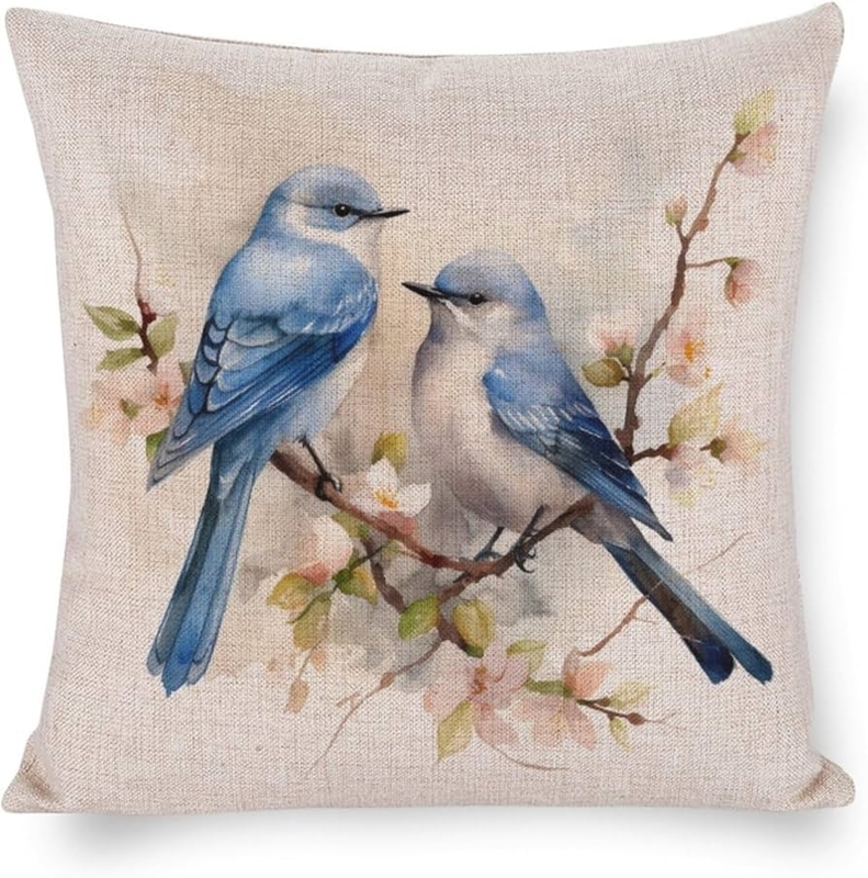 Watercolor Bird Throw Pillow in Blue and Gray on Cream Fabric