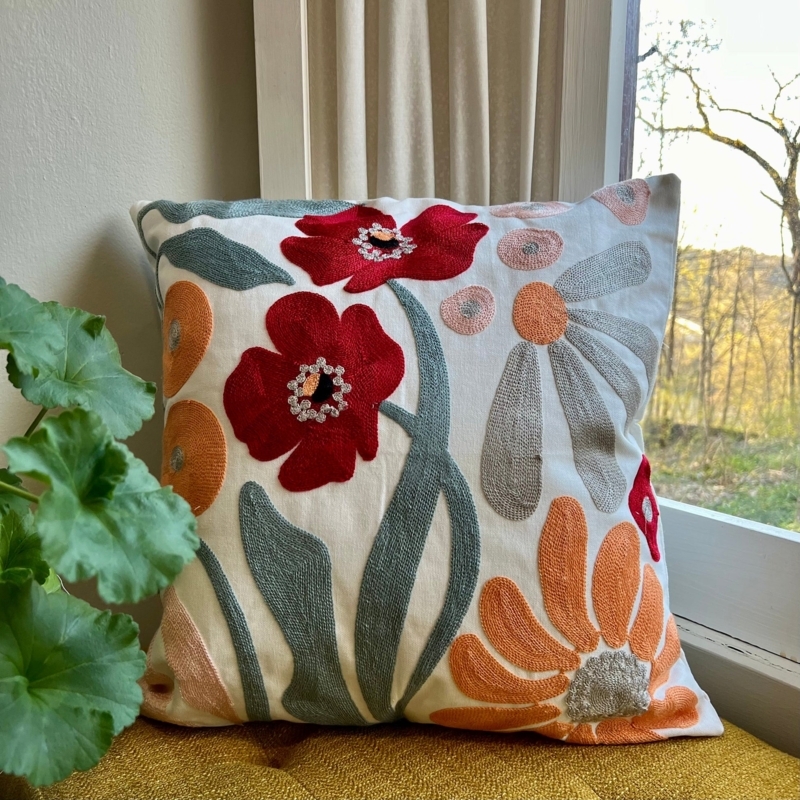 Watercolor Floral Embroidered Throw Pillow Cover, Off-White Linen-Like