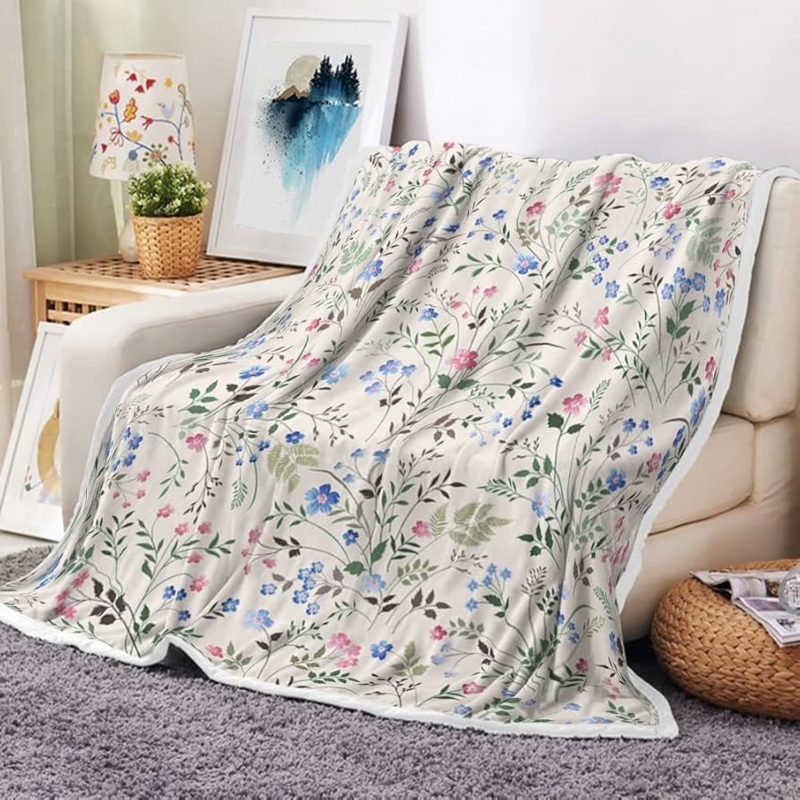 Watercolor Floral Throw Blanket, Pink and Blue Plush Fleece