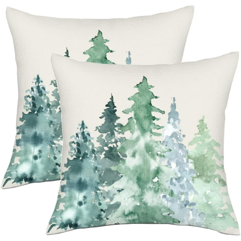 Watercolor Forest Throw Pillow Cover Sage Green Set of Two