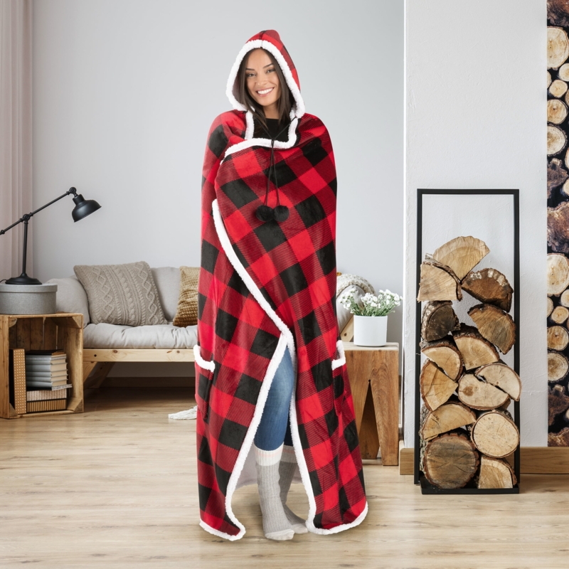Wearable Blanket Buffalo Plaid Cozy Oversized Plush Hoodie