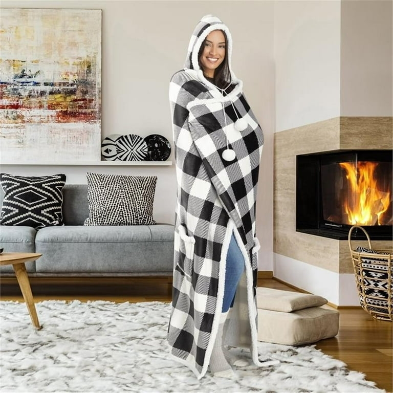 Wearable Blanket Buffalo Plaid Lounge Hoodie White Grey