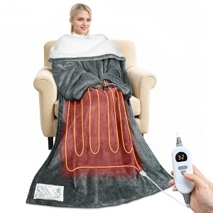 Wearable Blanket, Charcoal Grey Hooded Fleece, Integrated Heating.