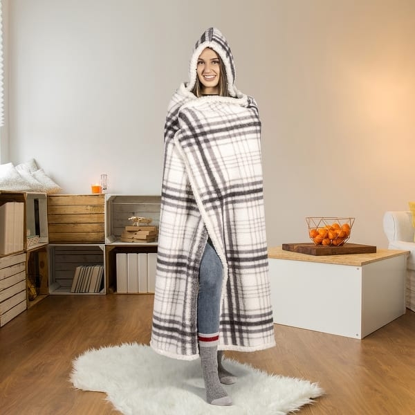 Wearable Blanket Grey Plaid Design Fleece Lined Hooded