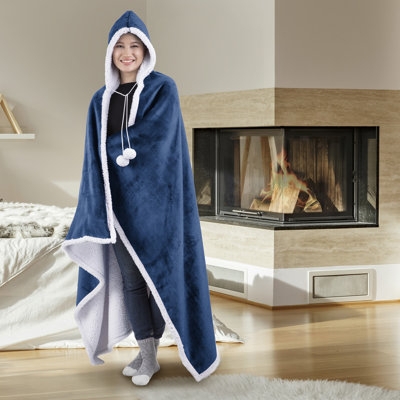 Wearable Blanket Hooded Teal Blue Sherpa Lining Kangaroo Pocket