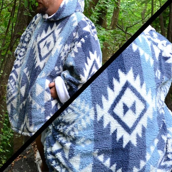 Wearable Blanket Hoodie Blue Plush Hooded Throw Velvety