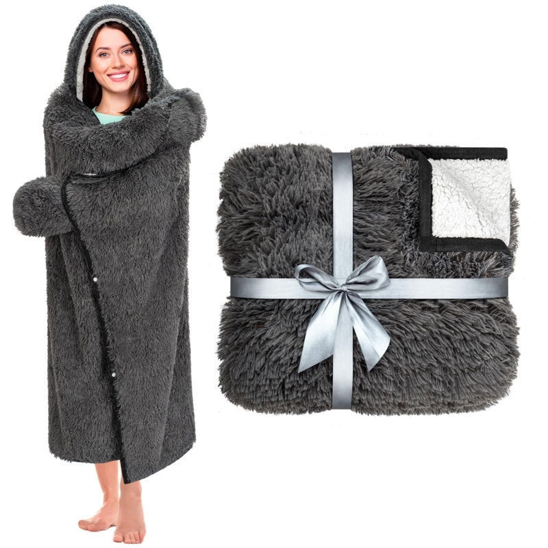 Wearable Blanket Hoodie Shaggy Faux Fur Dark Grey Fleece