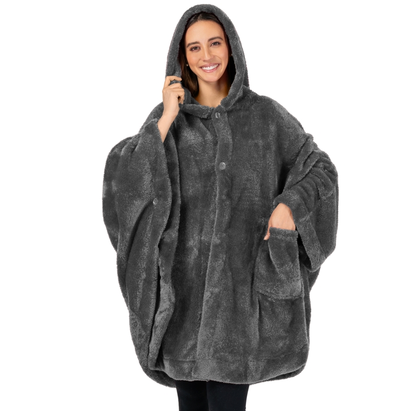Wearable Blanket Navy Blue Sherpa Lined Poncho Pom Pom Tassels