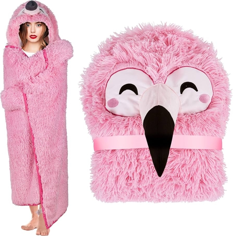Wearable Blanket Pink Flamingo Shaggy Faux Fur Hooded