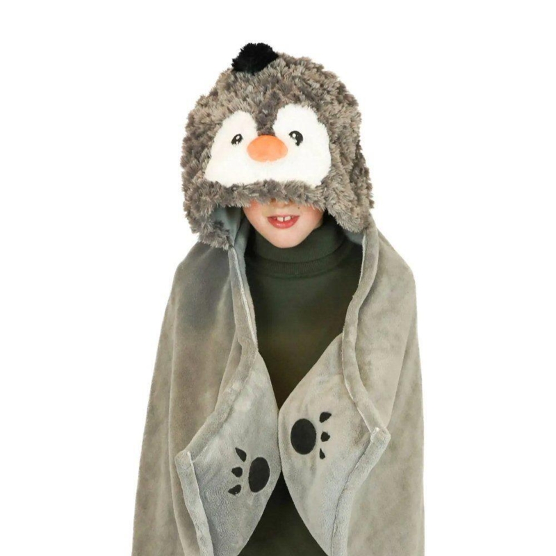 Wearable Blanket Plush Penguin Hooded Throw Attached Mittens