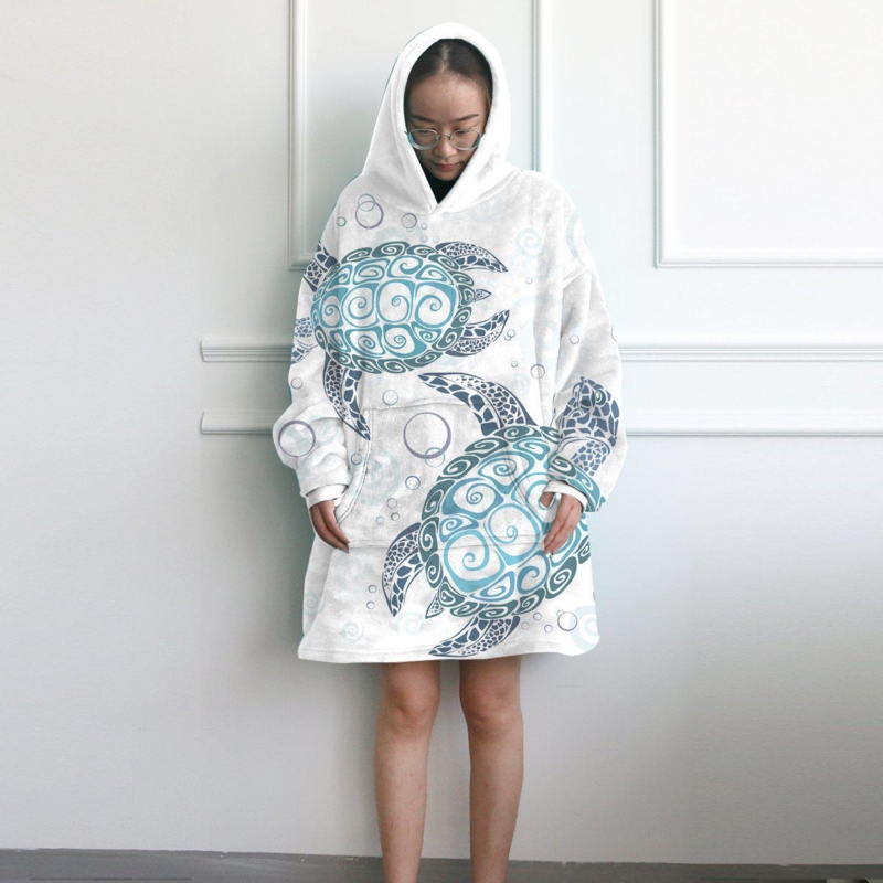 Wearable Blanket Sea Turtle Pattern Teal Fleece Lining Coastal