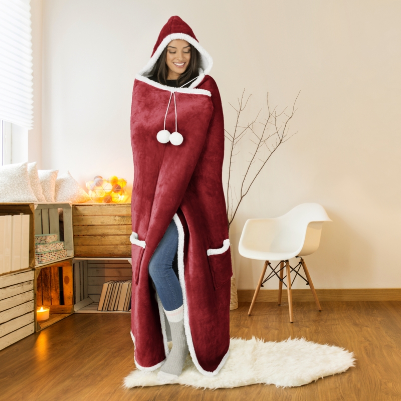 Wearable Hooded Blanket Red Flannel Like Sherpa Lining Plush