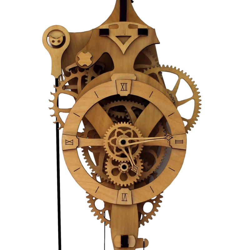 Weight Driven Wooden Wall Clock Laser Cut Skeleton Pendulum