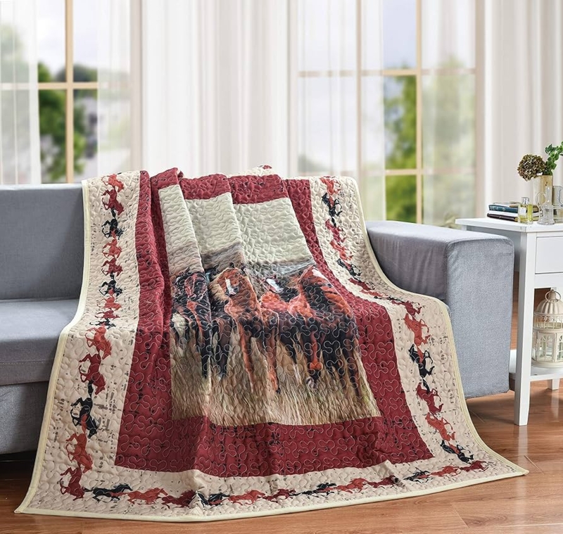 Western Quilted Throw Blanket Running Horses Print Rustic Ranch