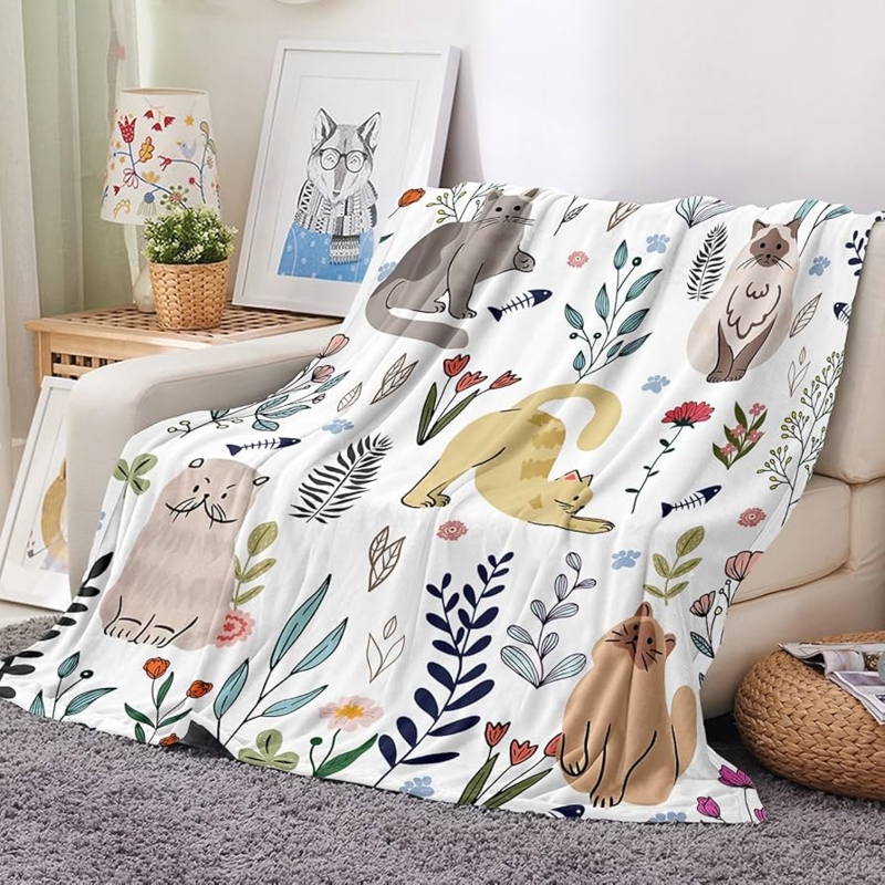 Whimsical Cat Themed Throw Blanket, Botanical Illustration Print