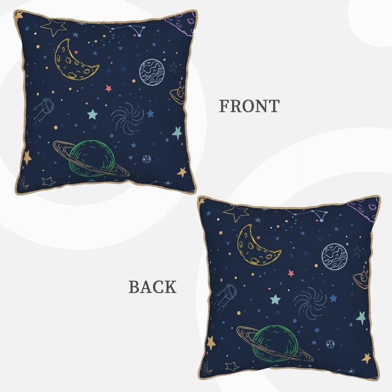 Whimsical Cosmic Throw Pillow with Vibrant Planet and Stars Print.
