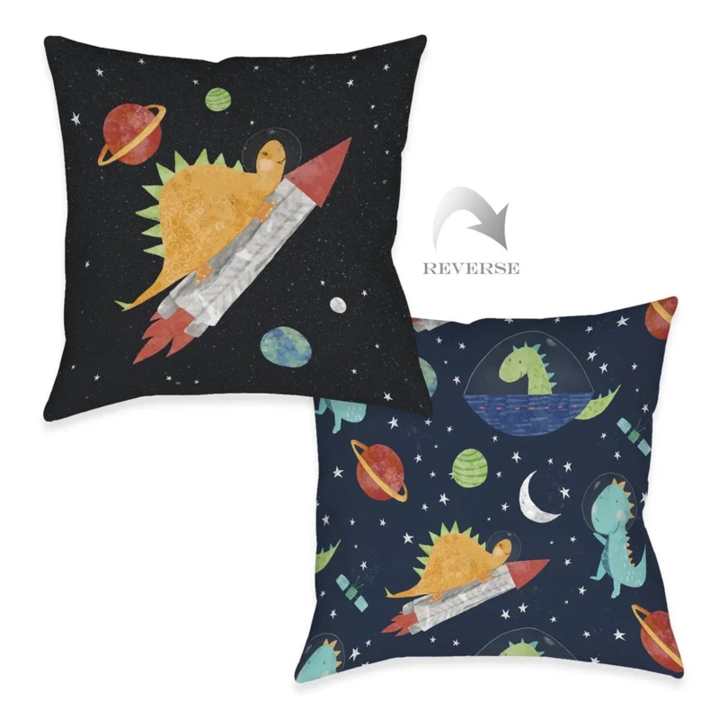 Whimsical Cream Throw Pillow with Blue Piping and Constellation Motif.