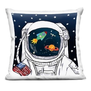 Whimsical Graphic Throw Pillow with Astronaut and Galaxy Reflection.