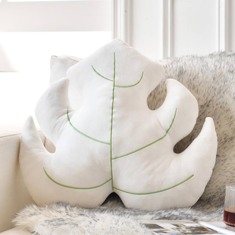 Whimsical Monstera Leaf Throw Pillow White Plush Fabric