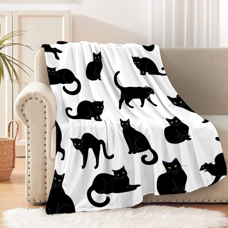 Whimsical Throw Blanket with Black Cat Repeat Pattern for Kids