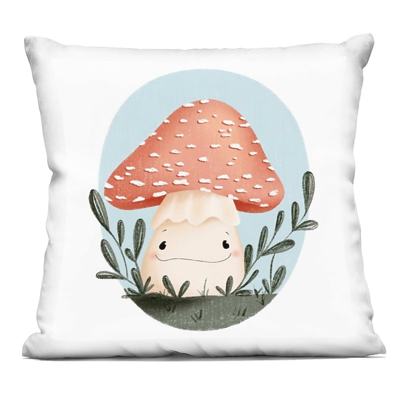 Whimsical Throw Pillow Smiling Mushroom Illustration Art