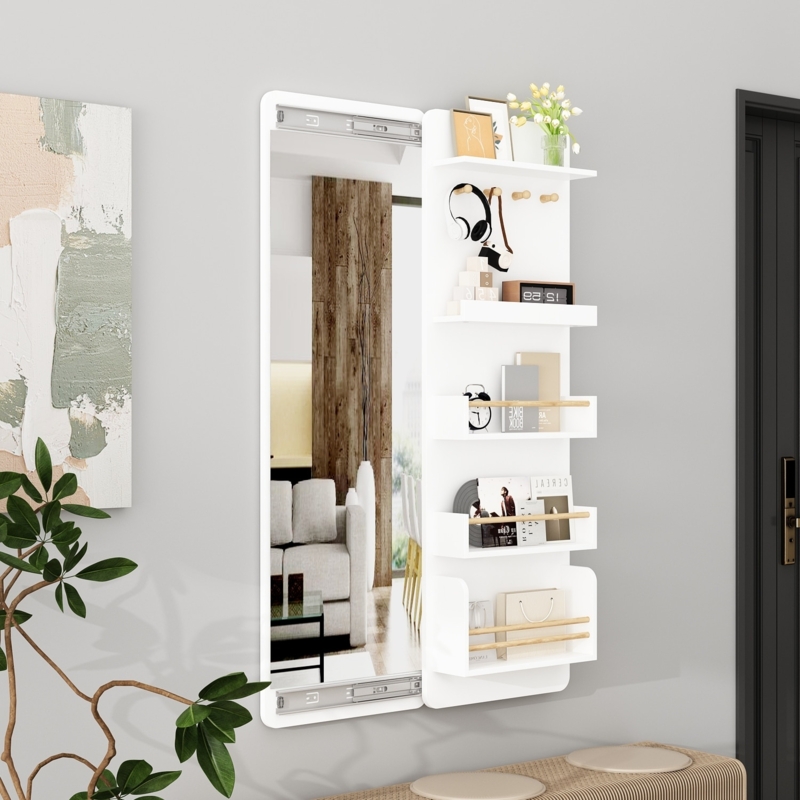 White Bathroom Mirror with Integrated Shelf and Hanging Hooks