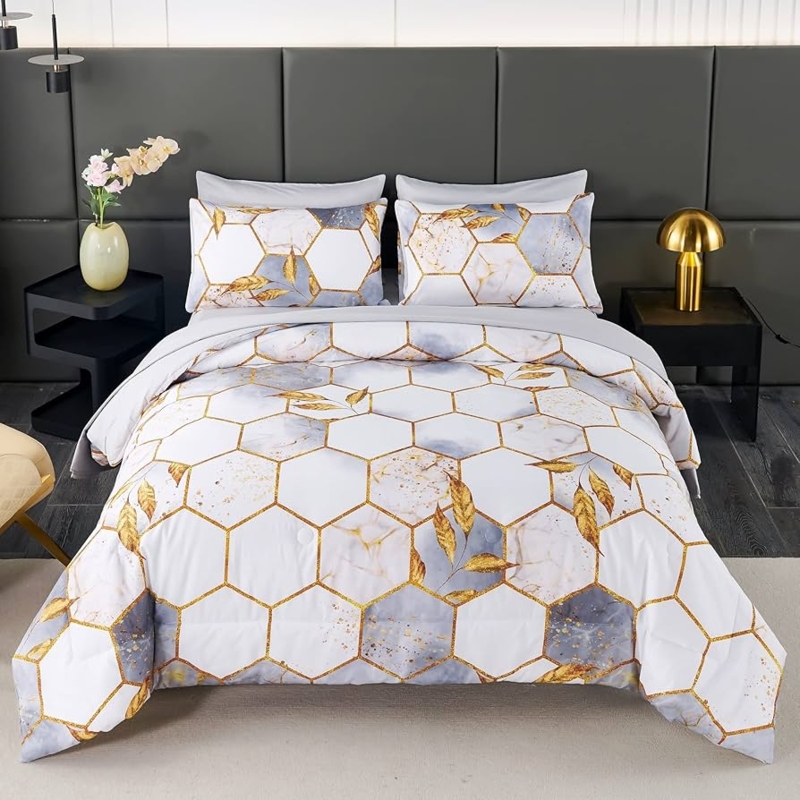 White Comforter Set Gold Hexagon Trim Modern Glam Honeycomb Decor