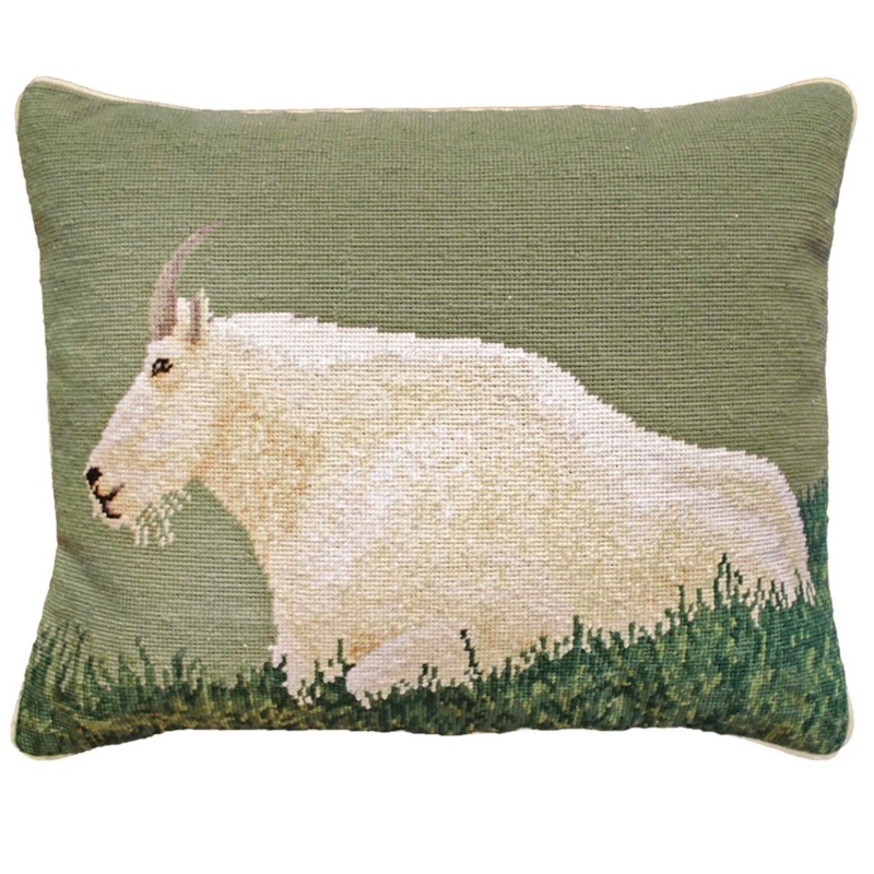 White Mountain Goat Motif Needlepoint Throw Pillow with Blue Piping